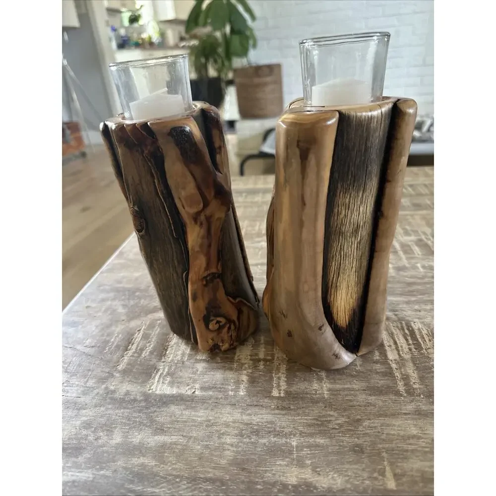 Colorado Aspen Wood Set Of 2 Hand Carved Votive Candle Holders 7”